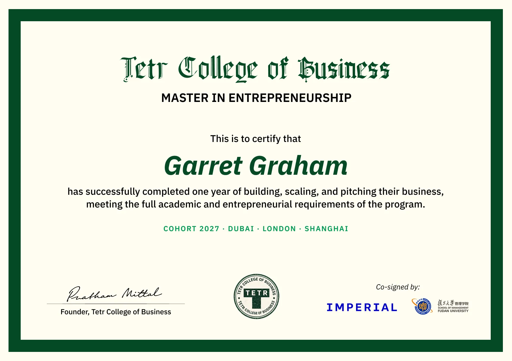 GIEP graduation certificate co-signed by Fudan University and Imperial College Business School